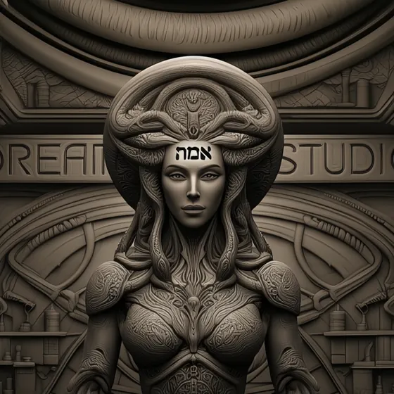 Close view of a sepia sculpture's face and shoulders, with the Hebrew word אמת set across her headband